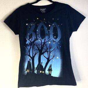 “Boo” black Halloween tshirt blue background graphic tree bats haunted house